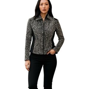 Tonia Debillis Women’s Black & White Full Zip Abstract Print  Jacket/Blazer L